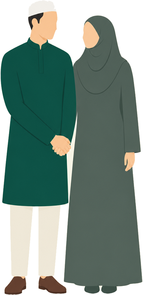 Illustration of a married couple, he in a cream kurta and she in a teal dress with a sage hijab, standing side by side and holding hands